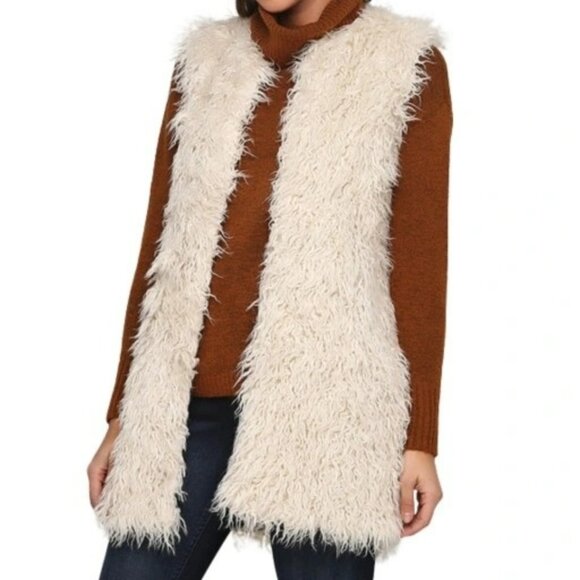 Long Faux Fur Vest Size M Boho Chic Winter White Brown Faux Suede Open Front EUC - Picture 2 of 10